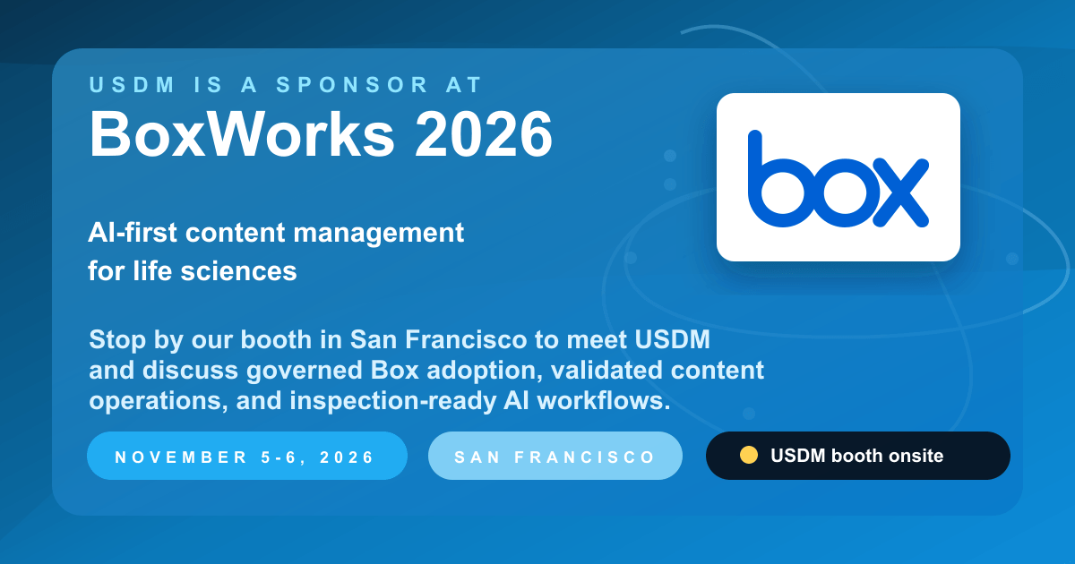 BoxWorks 2026 sponsor graphic for USDM and Box with AI-first content management for life sciences.